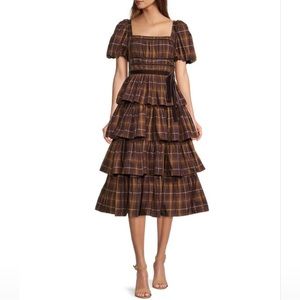 Antonio Melani Maisie Plaid Square Neck Puff Sleeve Tiered Ruffle Midi Dress